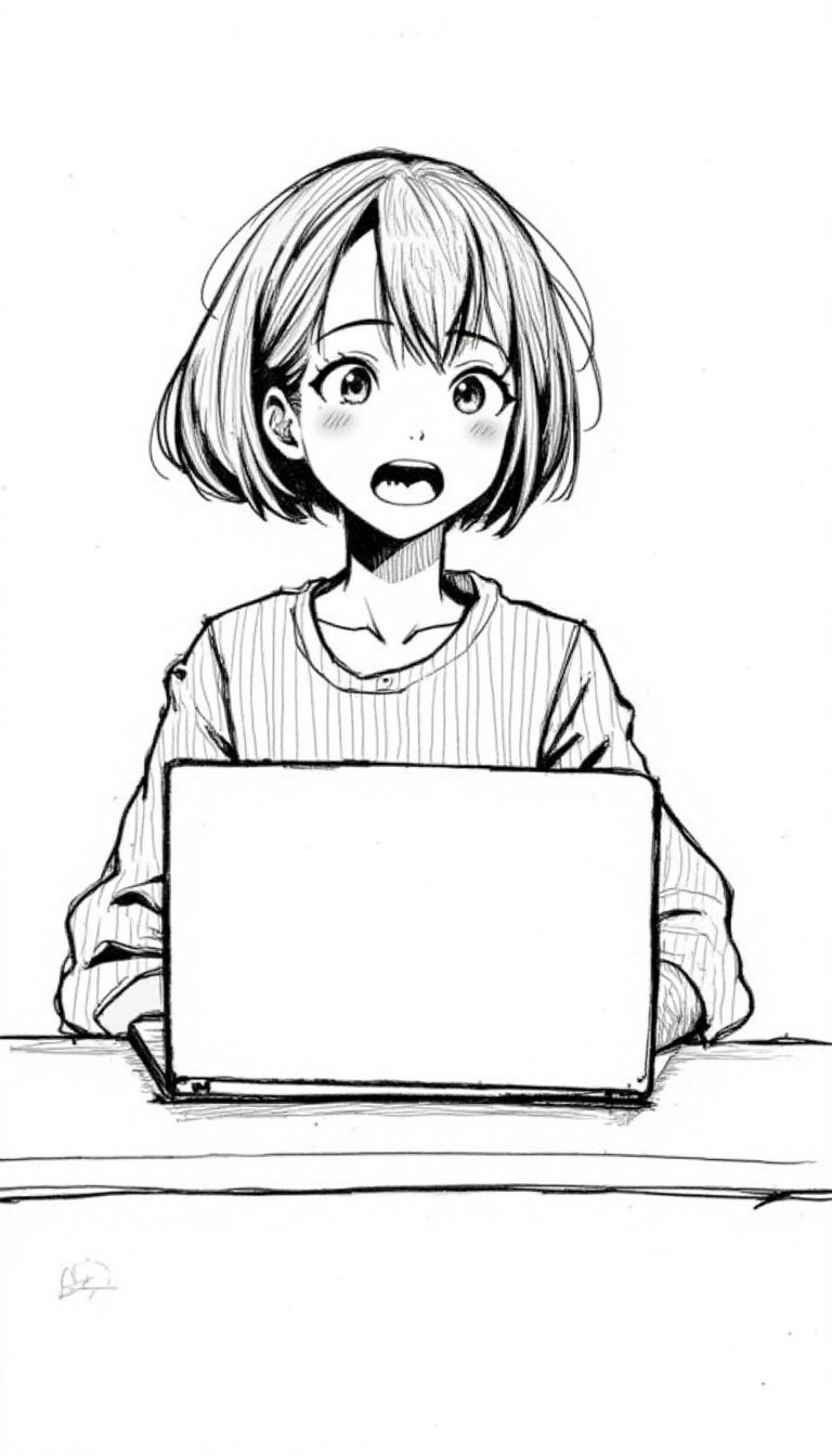 a rough marker sketch of a Asian teenage girl with short hair is using laptop while sitting in front of a desk, excited expression
