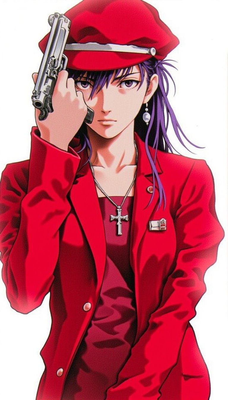 katsuragi misato, 1girl, gun, weapon, cross, solo, jewelry, holding, holding weapon, handgun, cross necklace, necklace, jacket, hat, holding gun, earrings, purple hair, long hair, red jacket, long sleeves, dress