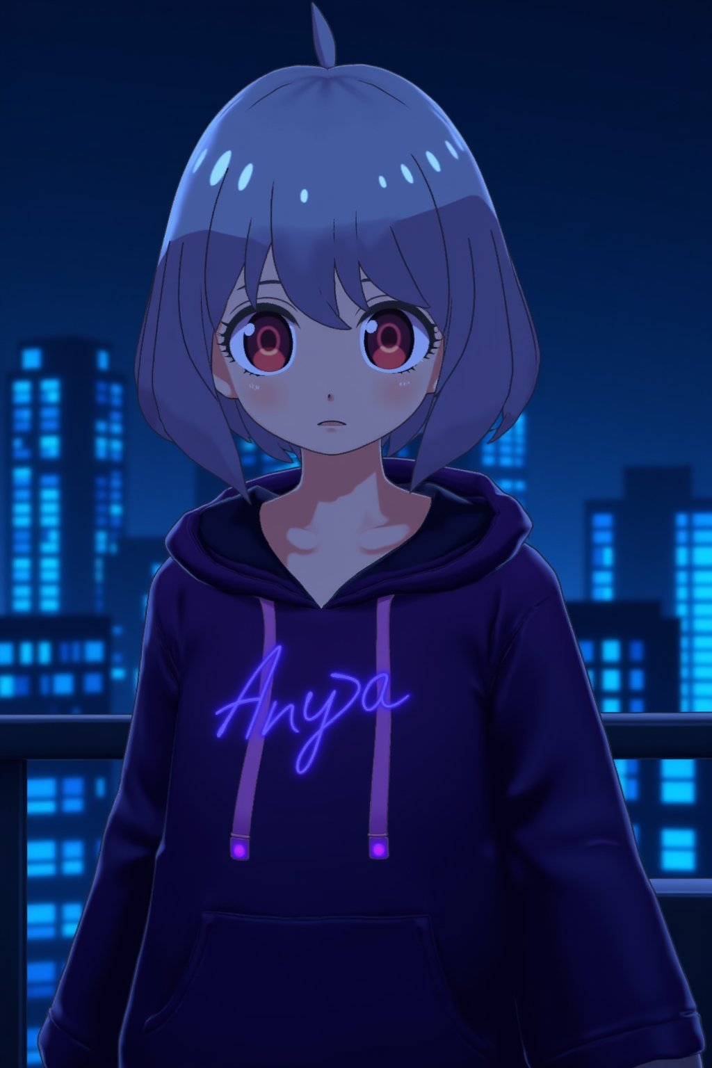 punk style, kawaii punk, Silver-haired purple-eyed girl, wearing a hood, looking at viewer, night, blue neon light, upper body, cyberpunk illustration, vivid, rooftop, night, rooftop, background with skyscrapers, cityscape --ar 3:2, cyber city,anya