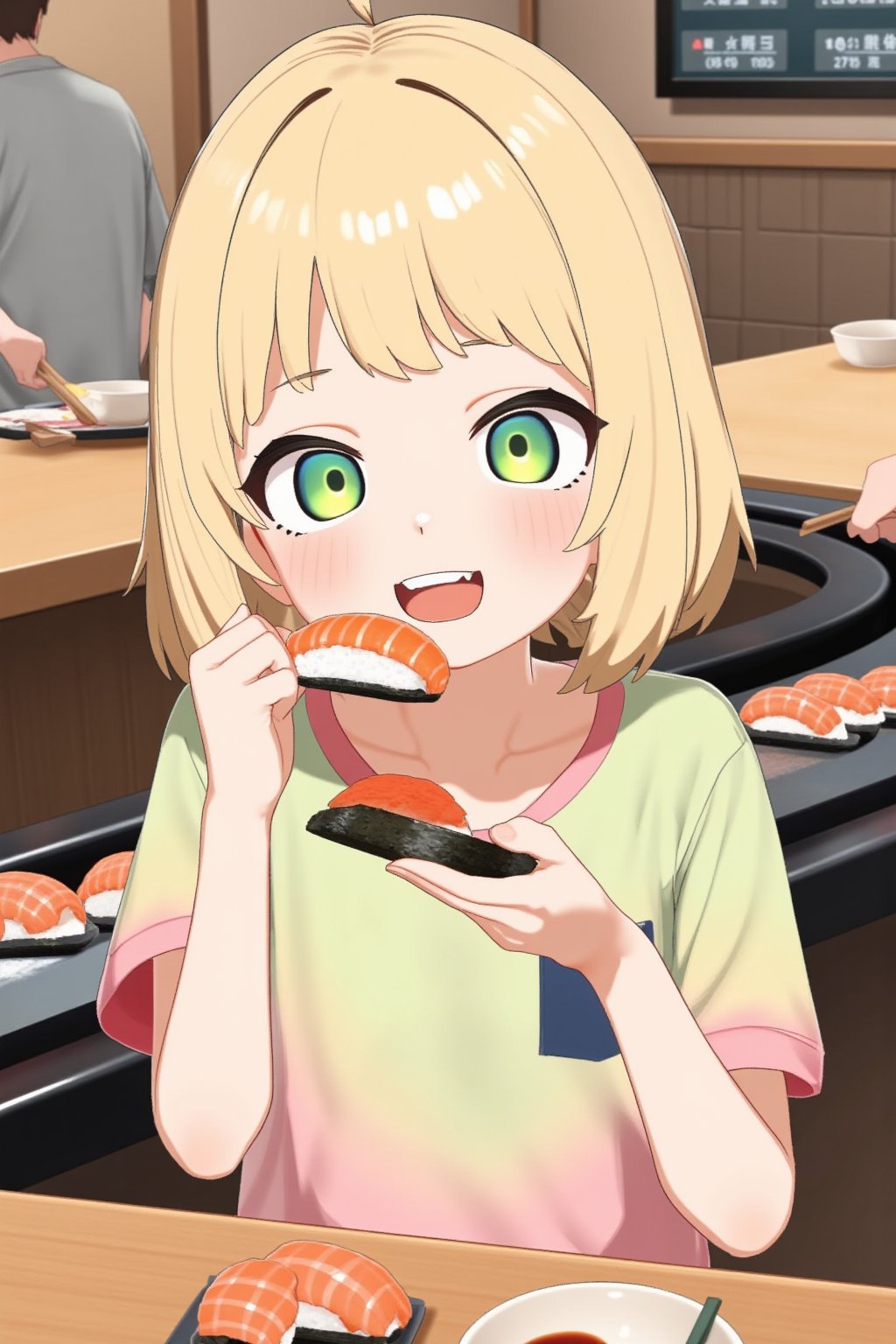 1 girl, cute girl eating nigiri sushi, 8K resolution, photorealistic style. Short blonde hair styled in a trendy bob cut. Bright, expressive eyes wide open with delight. She is wearing a casual, colorful t-shirt, holding a nigiri sushi in one hand, ready to take a bite, mouth slightly open revealing a glimpse of her teeth. Her cheeks are slightly puffed out to express delight. Sitting at the counter of a busy conveyor-belt sushi restaurant. In the background we can see a conveyor belt carrying colorful plates of sushi. On the conveyor we can see plates of nigiri sushi, on the counter we can see a small soy sauce dish and chopsticks. On the wall behind us is a digital menu screen. On the girl's face there is a look of pure delight and anticipation. Focus on the girl and the sushi, the restaurant environment provides context.,(gura:0.6),(anya:0.6)