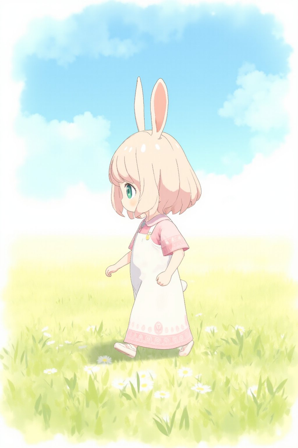 watercolor, bunny toddler girl in kindergarten lightblue smock walking fields, background blue sky,anya