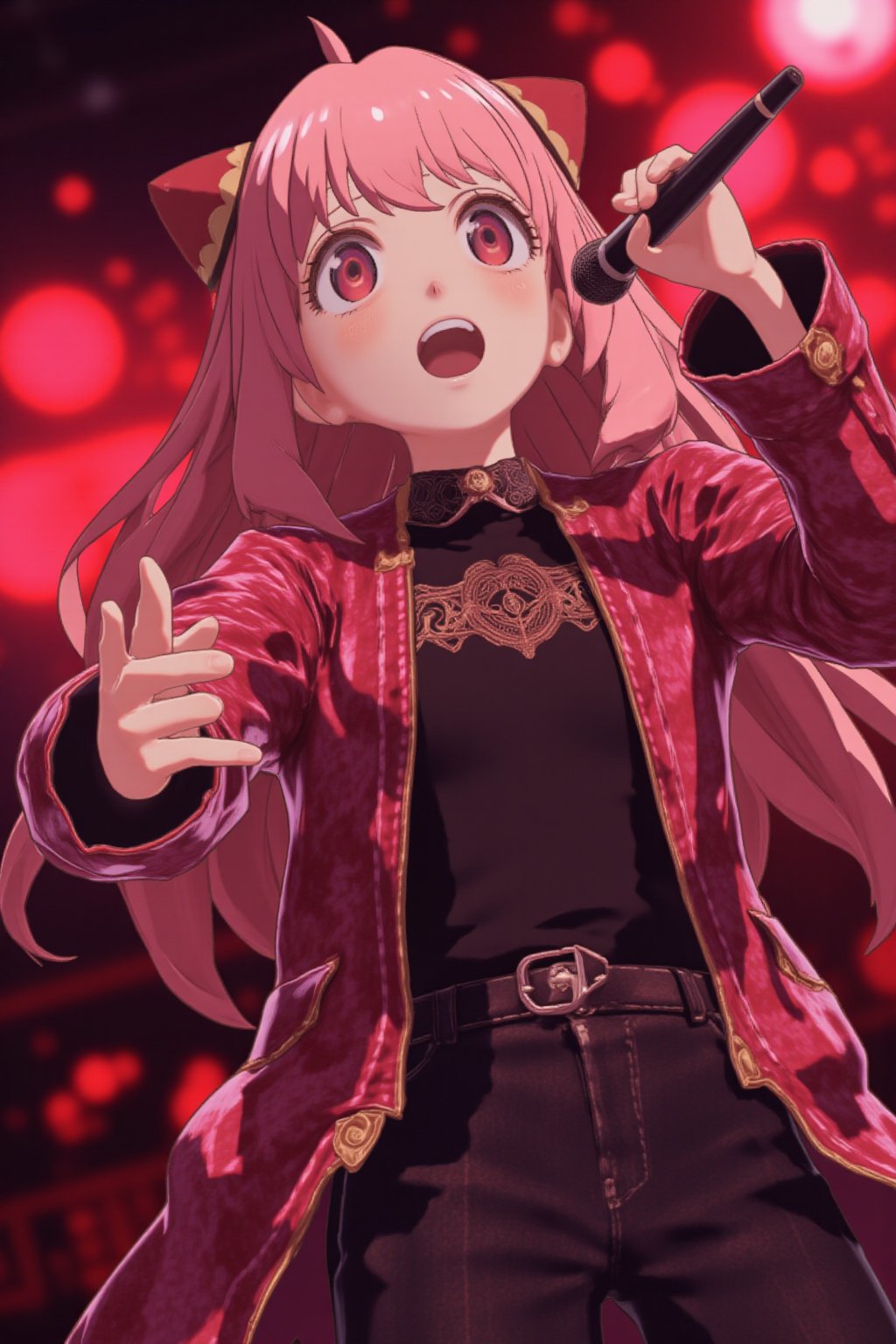 Monika from Doki Doki Literature singing "Love?" by Strapping Young Lad, screaming the lyrics with sheer passion into a microphone, superbly detailed, emotional, extreme metal ,anya