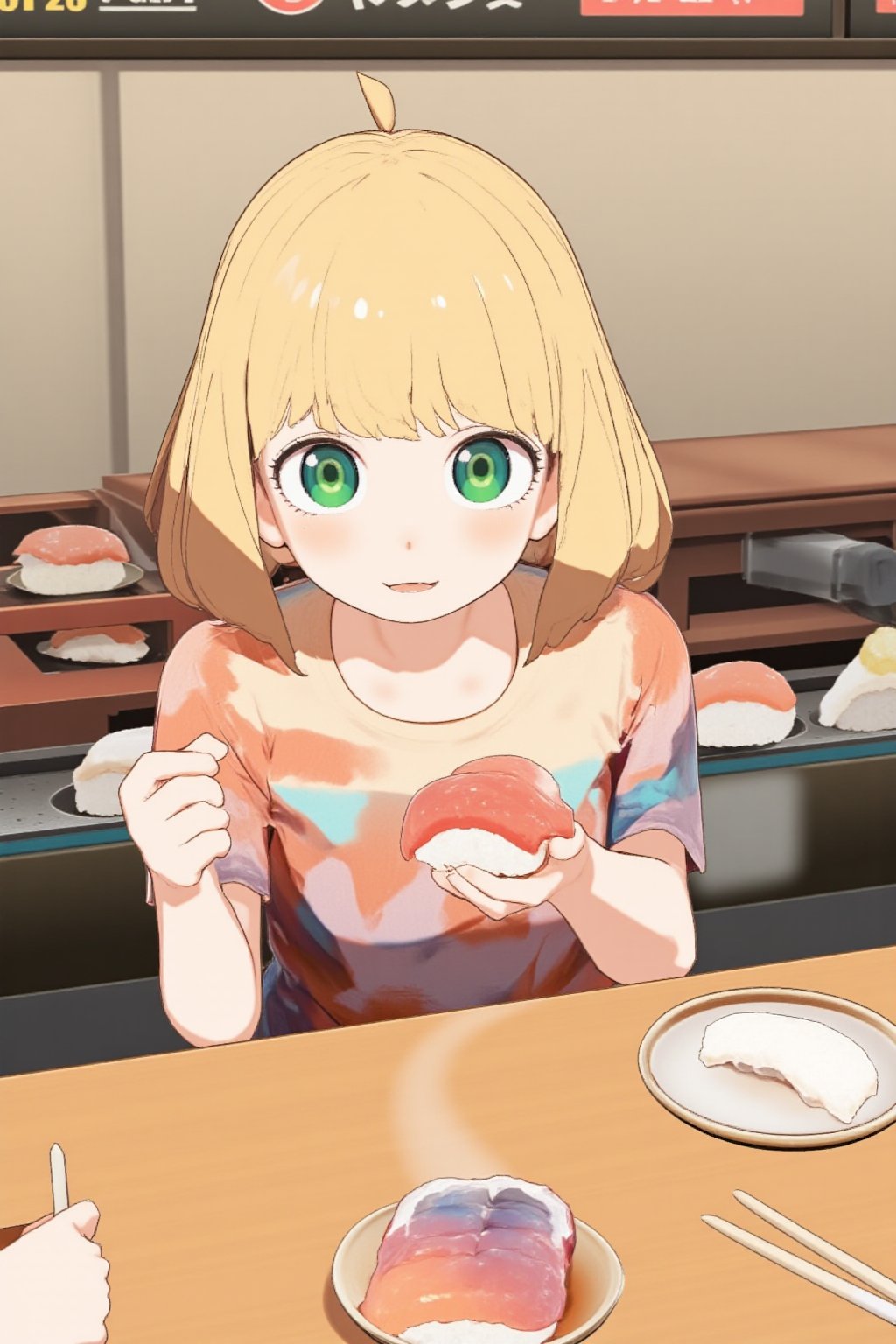 1 girl, cute girl eating nigiri sushi, 8K resolution, photorealistic style. Short blonde hair styled in a trendy bob cut. Bright, expressive eyes wide open with delight. She is wearing a casual, colorful t-shirt, holding a nigiri sushi in one hand, ready to take a bite, mouth slightly open revealing a glimpse of her teeth. Her cheeks are slightly puffed out to express delight. Sitting at the counter of a busy conveyor-belt sushi restaurant. In the background we can see a conveyor belt carrying colorful plates of sushi. On the conveyor we can see plates of nigiri sushi, on the counter we can see a small soy sauce dish and chopsticks. On the wall behind us is a digital menu screen. On the girl's face there is a look of pure delight and anticipation. Focus on the girl and the sushi, the restaurant environment provides context.,anya