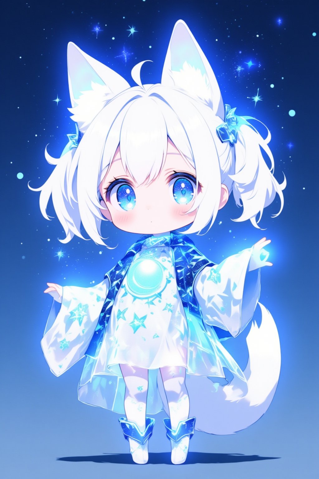 chibi girl, front view, .Anthropomorphized fox Girl:Pure white hair tied into high twin ponytails, with a blue sheen at the ends Blue eyes, like stars shining in the night sky White clothing featuring a blue glowing moon pattern on the chest A translucent fiber optic skirt with blue LED lights, mimicking the starry sky Light and semi-transparent white shawl embroidered with blue crescent moons and stars Two pairs of white fox ears and a long fox tail, with a blue LED light at the tip of the tail Boots adorned with blue fiber optics, giving a futuristic feel White fingertip touchscreen gloves.full body,chibi, sanrio style, flat 2D colour ,lyh_niji