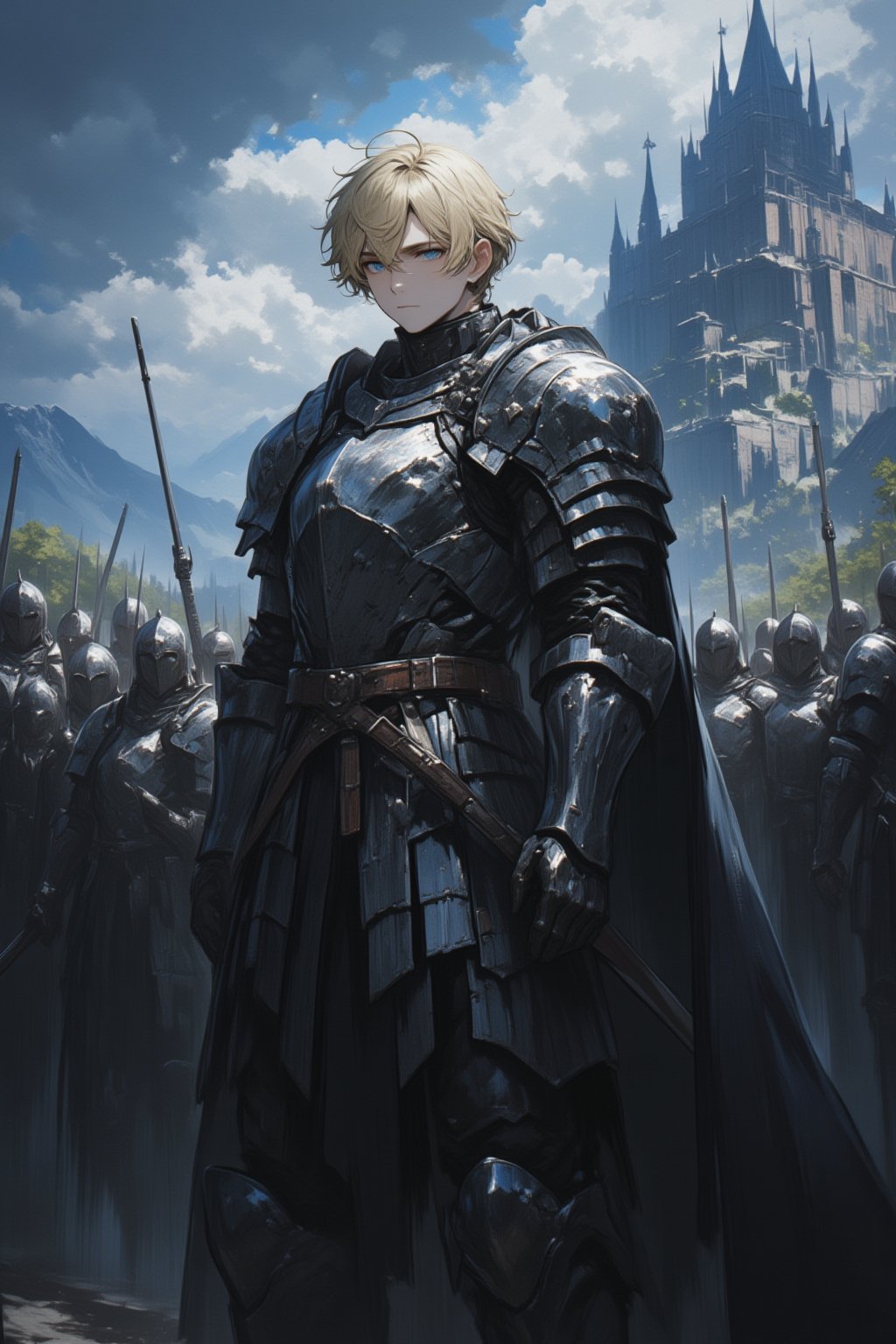 grey eyed, blond hair male warrior, standing in front of an army, wearing a suit of metal armour, stormy sky, mountain and castle,lyh_niji