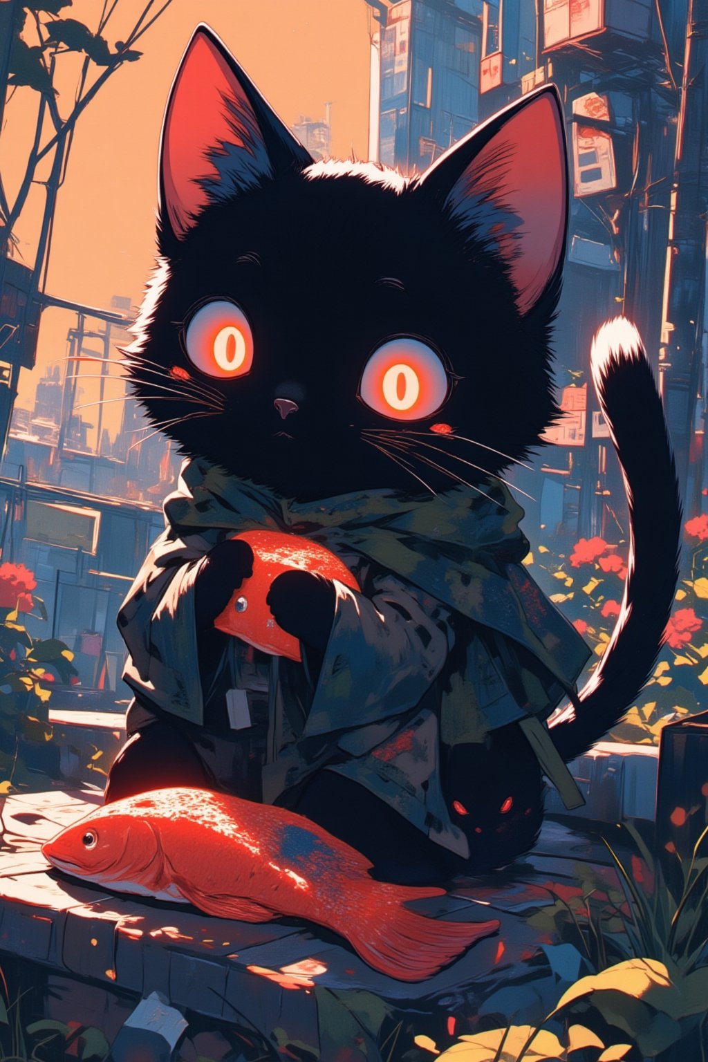 dark kawaii cat with salmon, ,lyh_niji