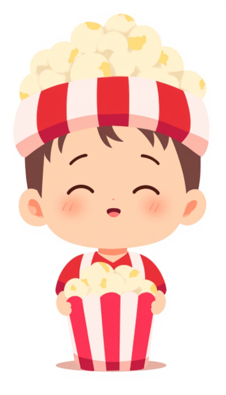 Create an illustration of a popcorn vendor. front view. wearing a traditional striped uniform of red and white, complete with a matching cap. chibi style, flat 2D colours, children book style, VECTOR, sanrio style 