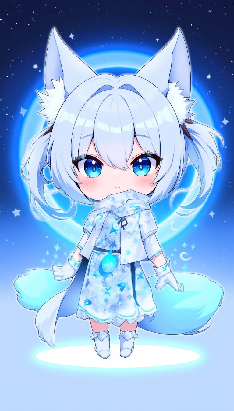 chibi girl, front view, .Anthropomorphized fox Girl:Pure white hair tied into high twin ponytails, with a blue sheen at the ends Blue eyes, like stars shining in the night sky White clothing featuring a blue glowing moon pattern on the chest A translucent fiber optic skirt with blue LED lights, mimicking the starry sky Light and semi-transparent white shawl embroidered with blue crescent moons and stars Two pairs of white fox ears and a long fox tail, with a blue LED light at the tip of the tail Boots adorned with blue fiber optics, giving a futuristic feel White fingertip touchscreen gloves.full body,chibi, sanrio style, flat 2D colour