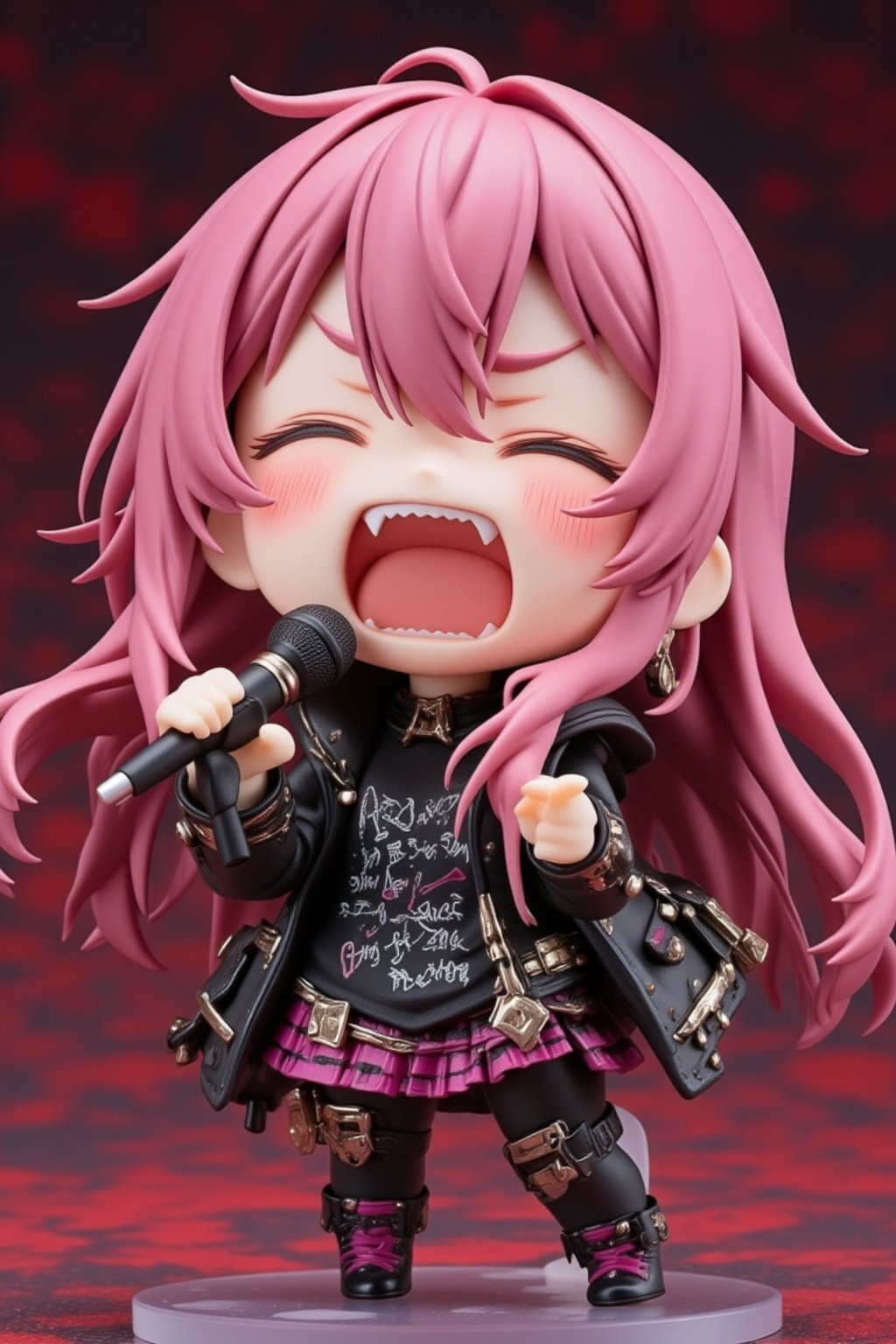 Monika from Doki Doki Literature singing "Love?" by Strapping Young Lad, screaming the lyrics with sheer passion into a microphone, superbly detailed, emotional, extreme metal,lyh_nendo,chibi,nendo