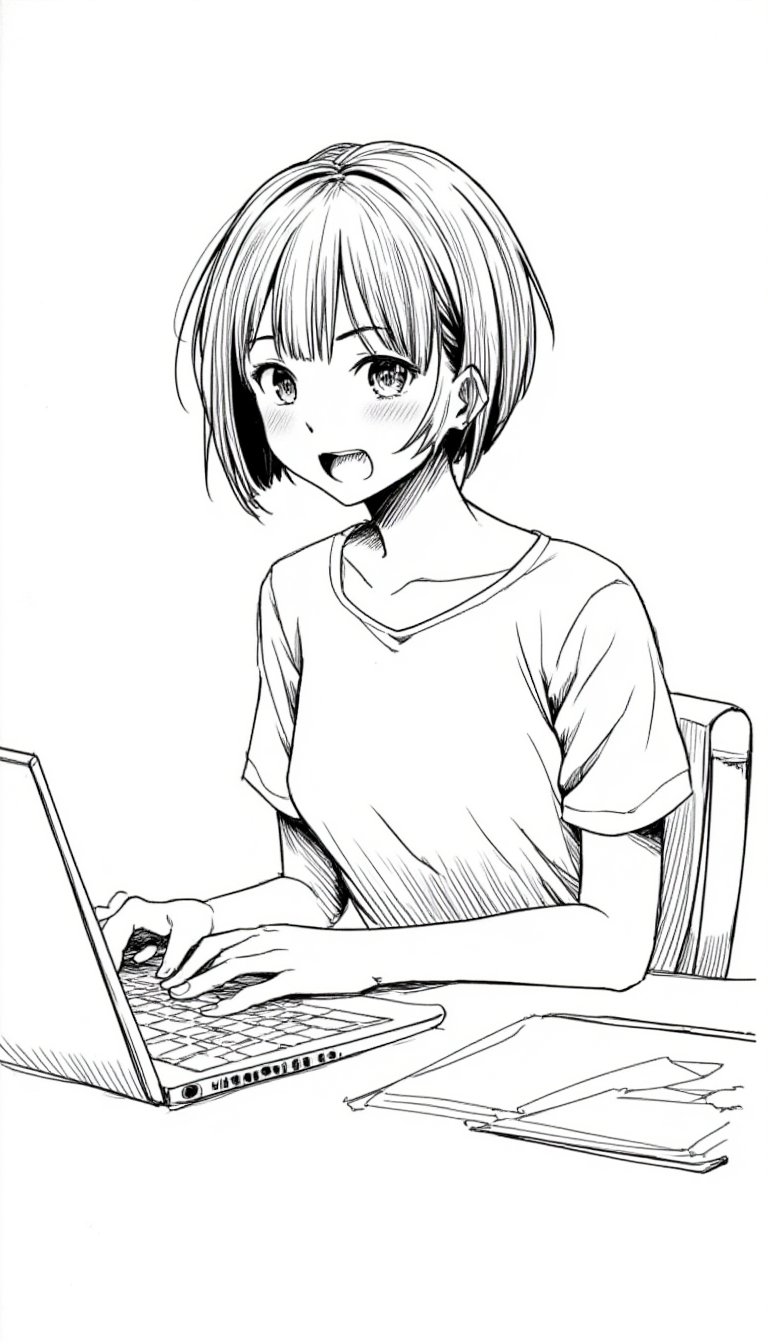 a rough marker sketch of a Asian teenage girl with short hair is using laptop while sitting in front of a desk, excited expression
