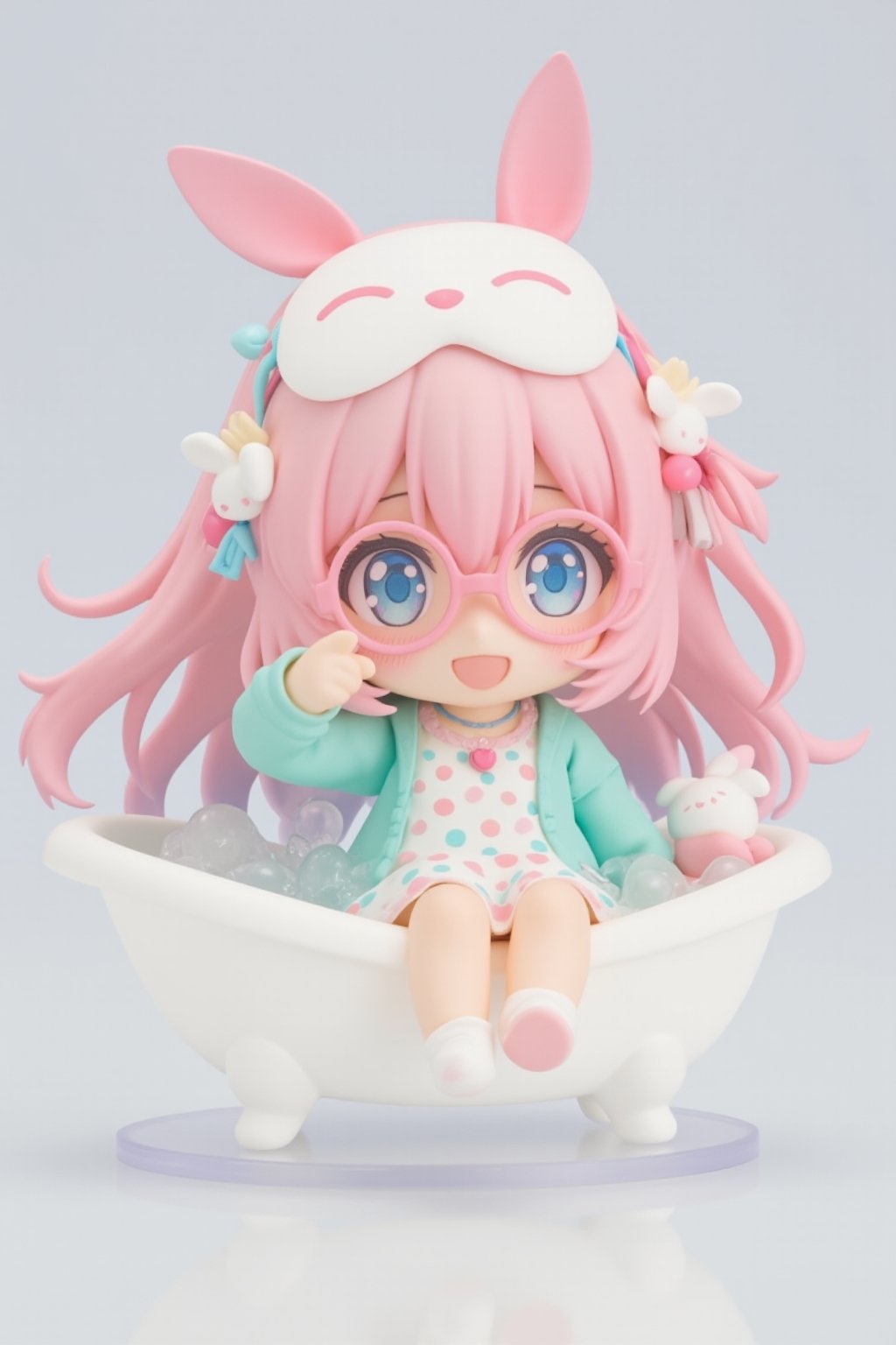 3D figure,Cute anime-style chibi figure, a girl with long flowing colorful Candy hair, Big expressive blue eyes behind pink round glasses. Wearing a white polka dot dress with pink and blue dots, pink trim and a teal blue underskirt. Teal blue cardigan sweater, white and pink animal shaped eye mask on head with eyes closed, small bone decoration and blue ribbon. Pink ribbon in hair,Pink cherry shaped pendant necklace. White rabbit shaped slippers,Posed with one hand raised close to face. Bright expression, figure is immersed in a miniature bathtub full of bubbles,sit down, Very well-made plastic figure on a clear stand. Soft pastel color palette. Professional product photography lighting and setup.,lyh_nendo