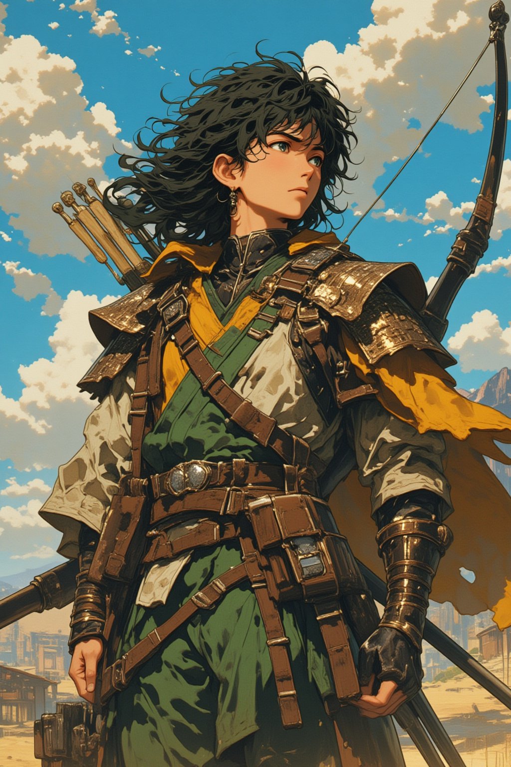 please create an archer similar to Irvine of berserk, shooting against the wind as a 1980s anime film,lyh_niji