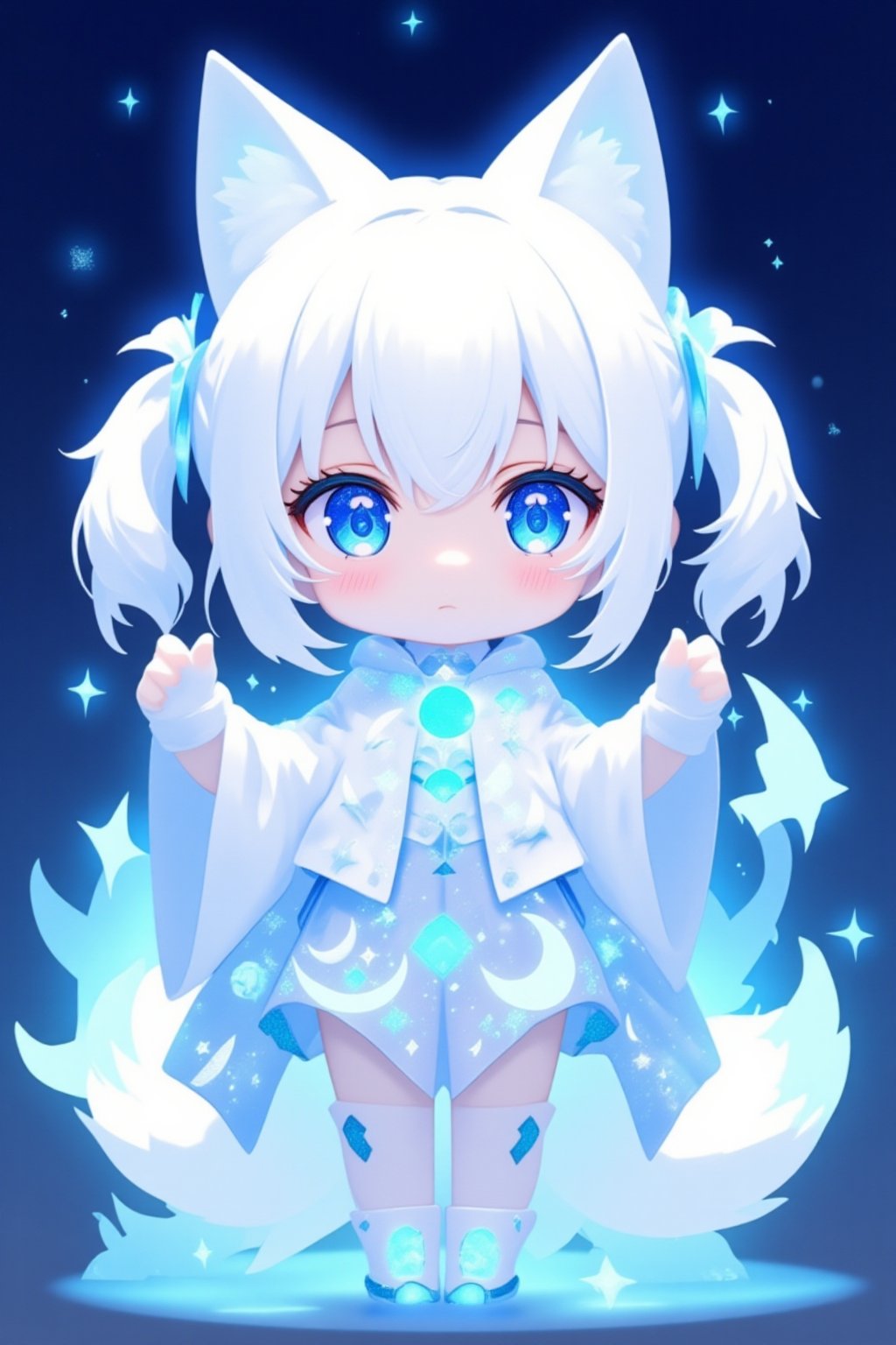 chibi girl, front view, .Anthropomorphized fox Girl:Pure white hair tied into high twin ponytails, with a blue sheen at the ends Blue eyes, like stars shining in the night sky White clothing featuring a blue glowing moon pattern on the chest A translucent fiber optic skirt with blue LED lights, mimicking the starry sky Light and semi-transparent white shawl embroidered with blue crescent moons and stars Two pairs of white fox ears and a long fox tail, with a blue LED light at the tip of the tail Boots adorned with blue fiber optics, giving a futuristic feel White fingertip touchscreen gloves.full body,chibi, sanrio style, flat 2D colour,lyh_nendo