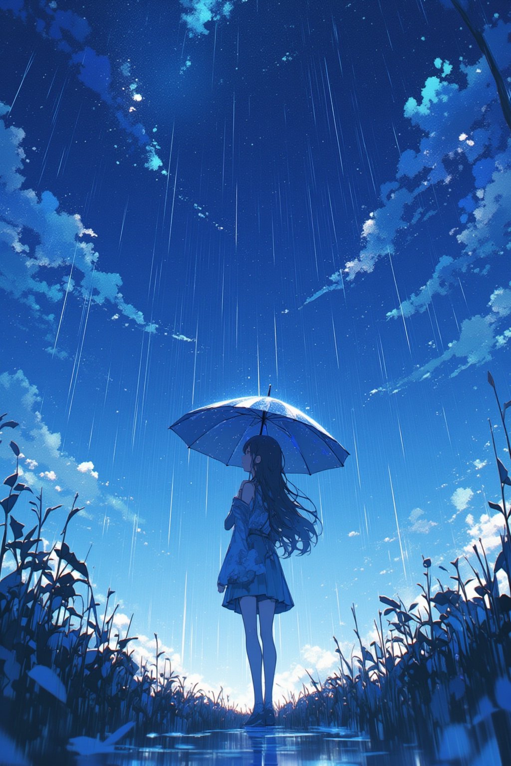 a girl, standing, holding a umbrella, rain, lookup the sky,lyh_niji