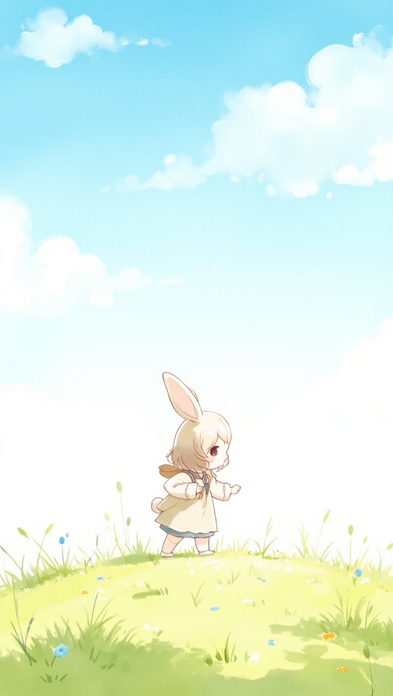 watercolor, bunny toddler girl in kindergarten lightblue smock walking fields, background blue sky,hatyuuruinohito style,the0neulost