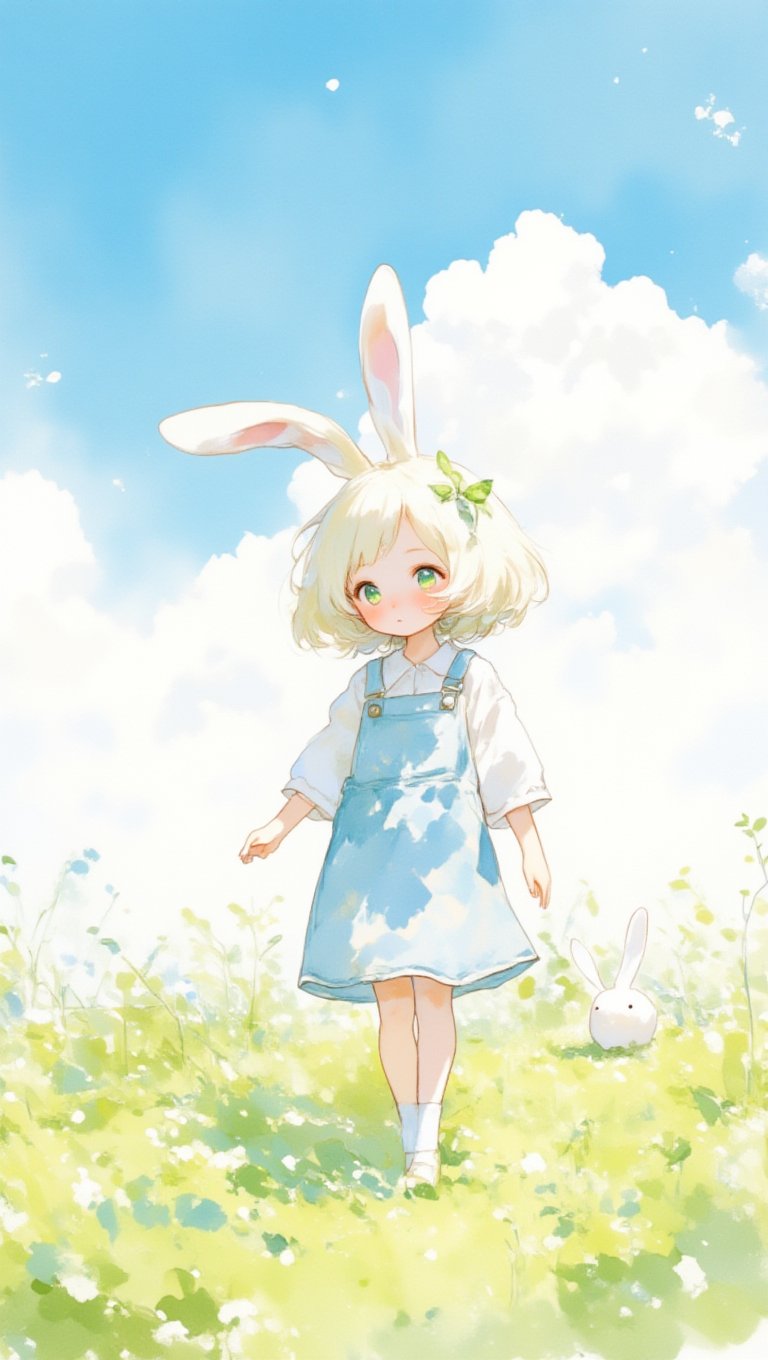  watercolor, bunny toddler girl in kindergarten lightblue smock walking fields, background blue sky