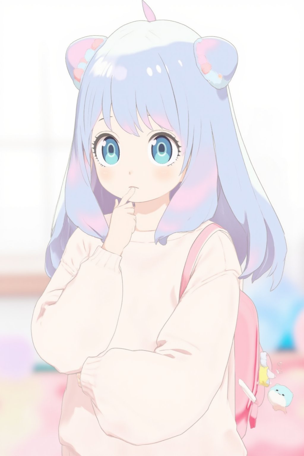 cute anime-style girl with long, wavy hair in pastel blue and pink tones. She has large, expressive eyes in a soft blue color and is wearing a cozy white sweater. She has two large bows in her hair, matching the pastel colors of her hair. She holds her hand to her lips in a shy, thoughtful pose. On her back is a pastel pink backpack, with a small stuffed animal and colorful accessories attached to it. The overall color palette is soft and dreamy, with bright pastel tones and gentle lighting,anya