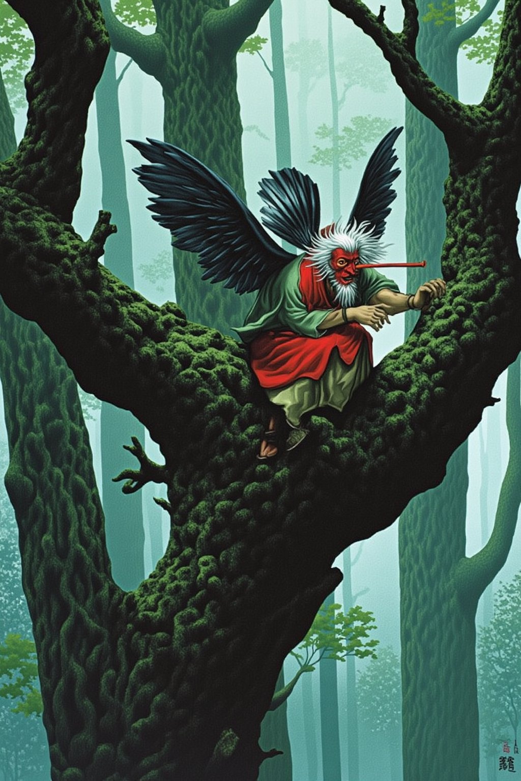 Tengu,traditional japanese yokai
,yokai in misty mountain forest, long-nosed mask, fierce red face,stick like long nose, white hair and beard, wearing traditional yamabushi attire, large black wings, holding big fan, perched on ancient gnarled tree, surrounded by towering cedar trees,Takehiko Inoue