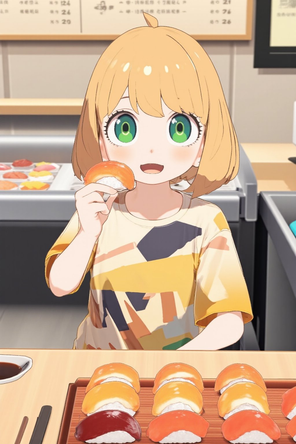 1 girl, cute girl eating nigiri sushi, 8K resolution, photorealistic style. Short blonde hair styled in a trendy bob cut. Bright, expressive eyes wide open with delight. She is wearing a casual, colorful t-shirt, holding a nigiri sushi in one hand, ready to take a bite, mouth slightly open revealing a glimpse of her teeth. Her cheeks are slightly puffed out to express delight. Sitting at the counter of a busy conveyor-belt sushi restaurant. In the background we can see a conveyor belt carrying colorful plates of sushi. On the conveyor we can see plates of nigiri sushi, on the counter we can see a small soy sauce dish and chopsticks. On the wall behind us is a digital menu screen. On the girl's face there is a look of pure delight and anticipation. Focus on the girl and the sushi, the restaurant environment provides context.,anya