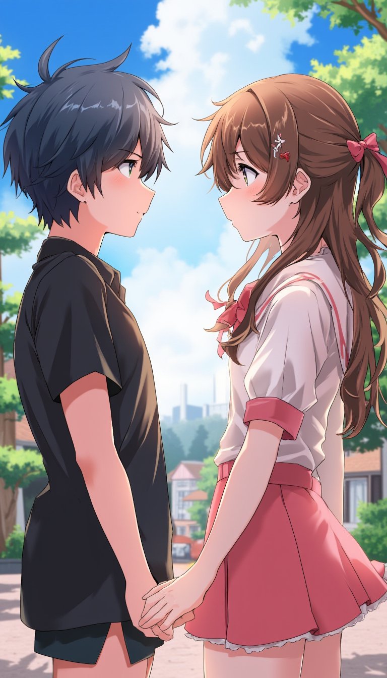  boy and girl facing each other,anime