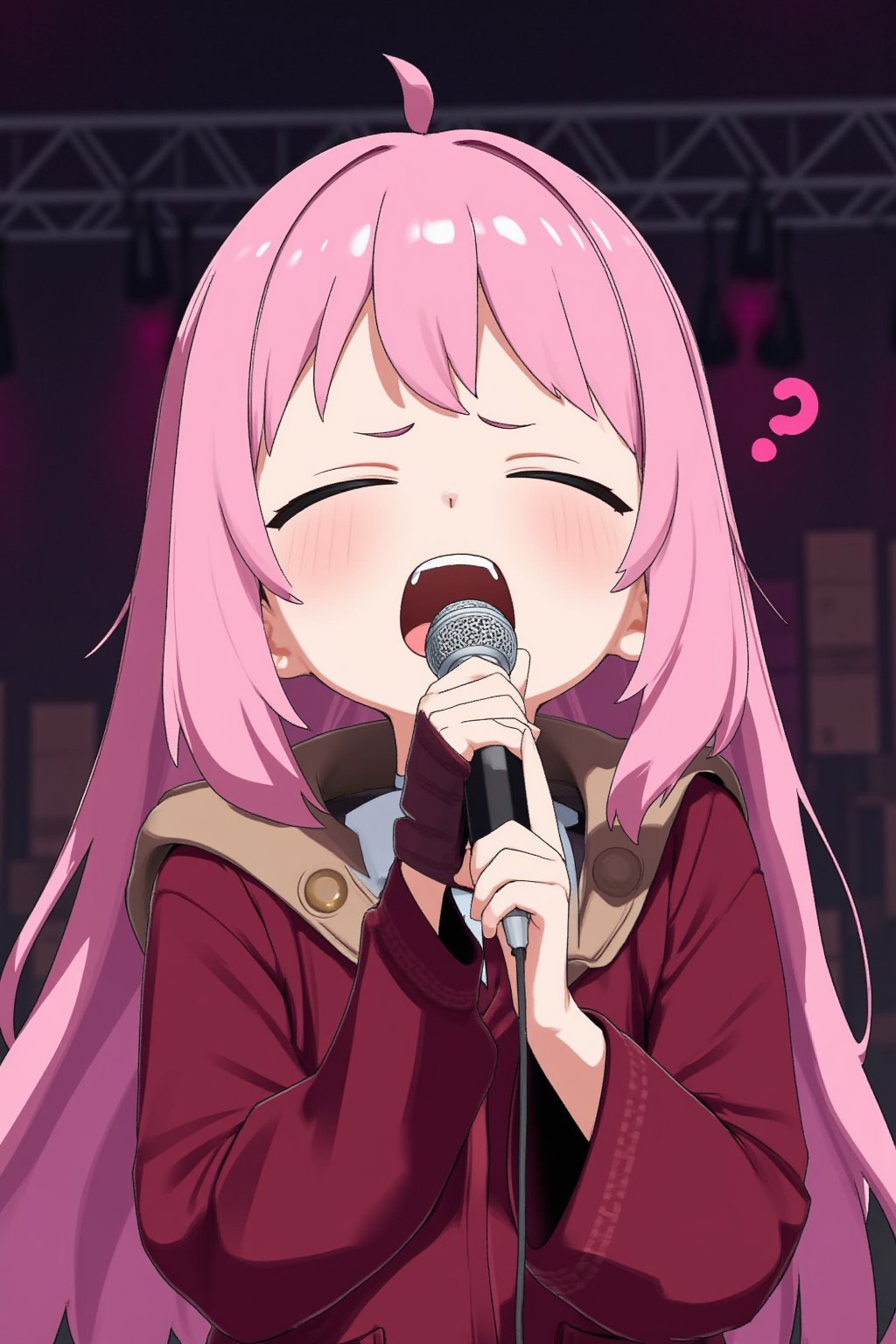 Monika from Doki Doki Literature singing "Love?" by Strapping Young Lad, screaming the lyrics with sheer passion into a microphone, superbly detailed, emotional, extreme metal,(gura:0.6)