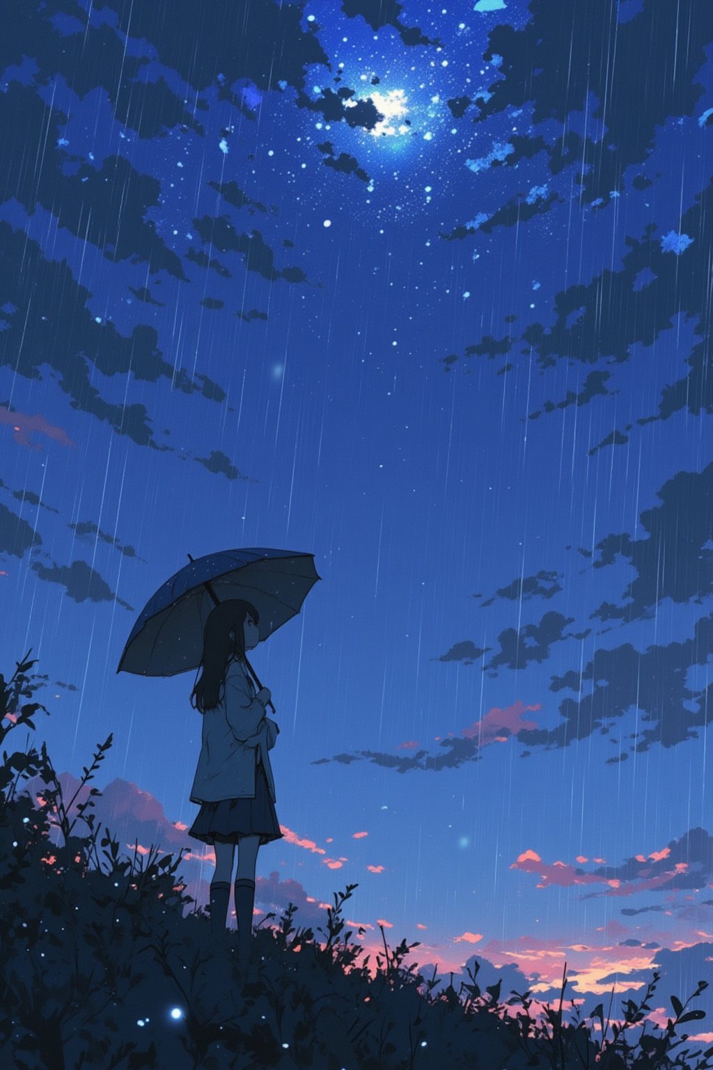 a girl, standing, holding a umbrella, rain, lookup the sky,lyh_niji