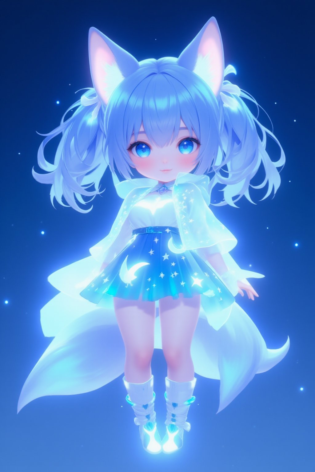 chibi girl, front view, Anthropomorphized fox Girl: Pure blue hair tied into high twin ponytails, with a blue sheen at the ends Blue eyes, like stars shining in the night sky White clothing featuring a blue glowing moon pattern on the chest A translucent fiber optic skirt with blue LED lights, mimicking the starry sky Light and semi-transparent white shawl embroidered with blue crescent moons and stars Two pairs of white fox ears and a long fox tail, with a blue LED light at the tip of the tail Boots adorned with blue fiber optics, giving a futuristic feel White fingertip touchscreen gloves.full body,chibi, sanrio style, 3D colour,Anime Style