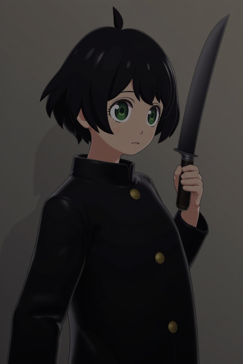 short black hair with black eyes wearing a black coat while wielding a machete in hand, age around 22 years old,anya