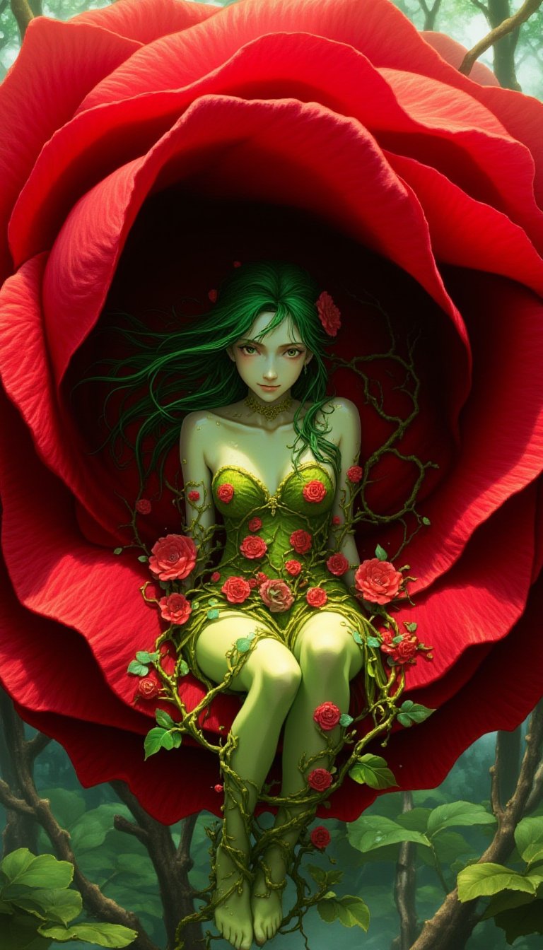 1Girl, breathtaking alraune girl seated in the center of a massive rose, digital fantasy art. Enormous rose petals, deep crimson with velvety texture, unfurling around her. The girl has pale green skin, flowing emerald hair intertwined with small roses. Her eyes are bright, leaf-green. She wears an exquisite dress made of living rose vines, with blooming flowers and leaves organically integrated. Delicate tendrils and thorns wrap around her arms and legs. The dress shifts from deep green at the bodice to vibrant rose hues at the hem. Soft, dappled sunlight filters through the petals, creating a warm, ethereal glow. Dewdrops glisten on the petals and the girl's skin. Background shows glimpses of a lush, misty forest. Hyperdetailed textures on the rose petals and vine,jinhsi,anime