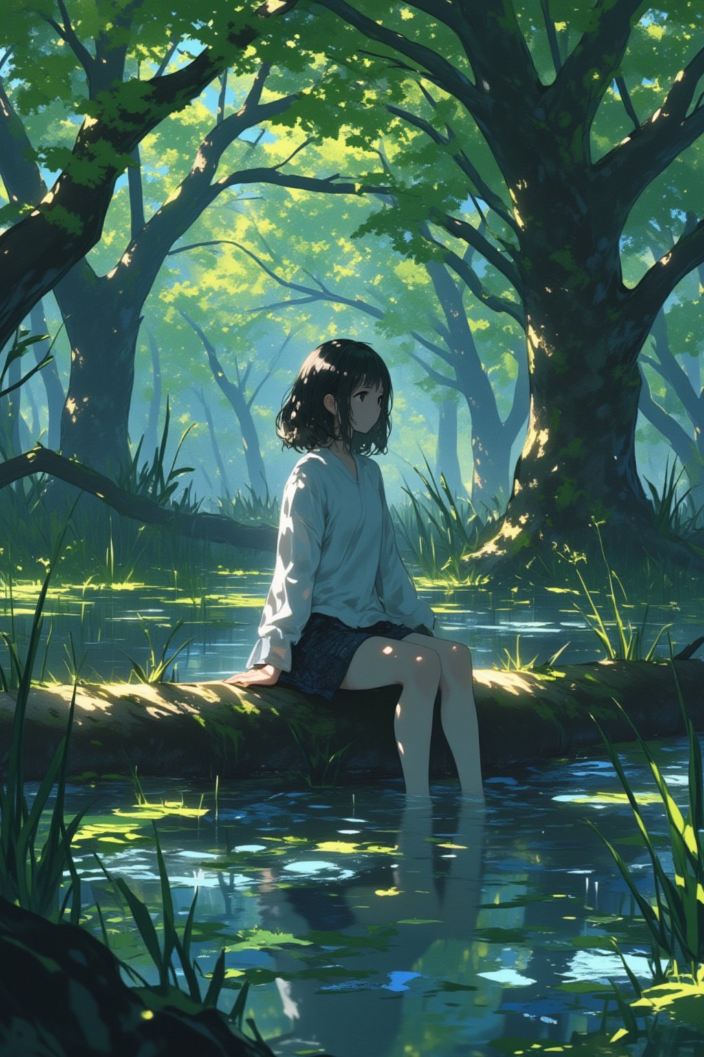 a woman sitting on a log in a swamp,anime,lyh_niji