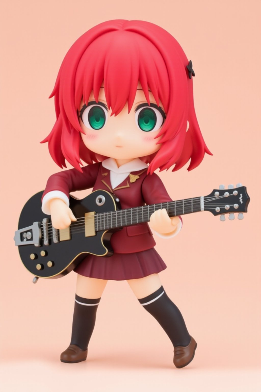 1girl, kita ikuyo, instrument, shuka high school uniform, solo, guitar, red hair, green eyes, skirt, gibson les paul,lyh_nendo,chibi,nendo