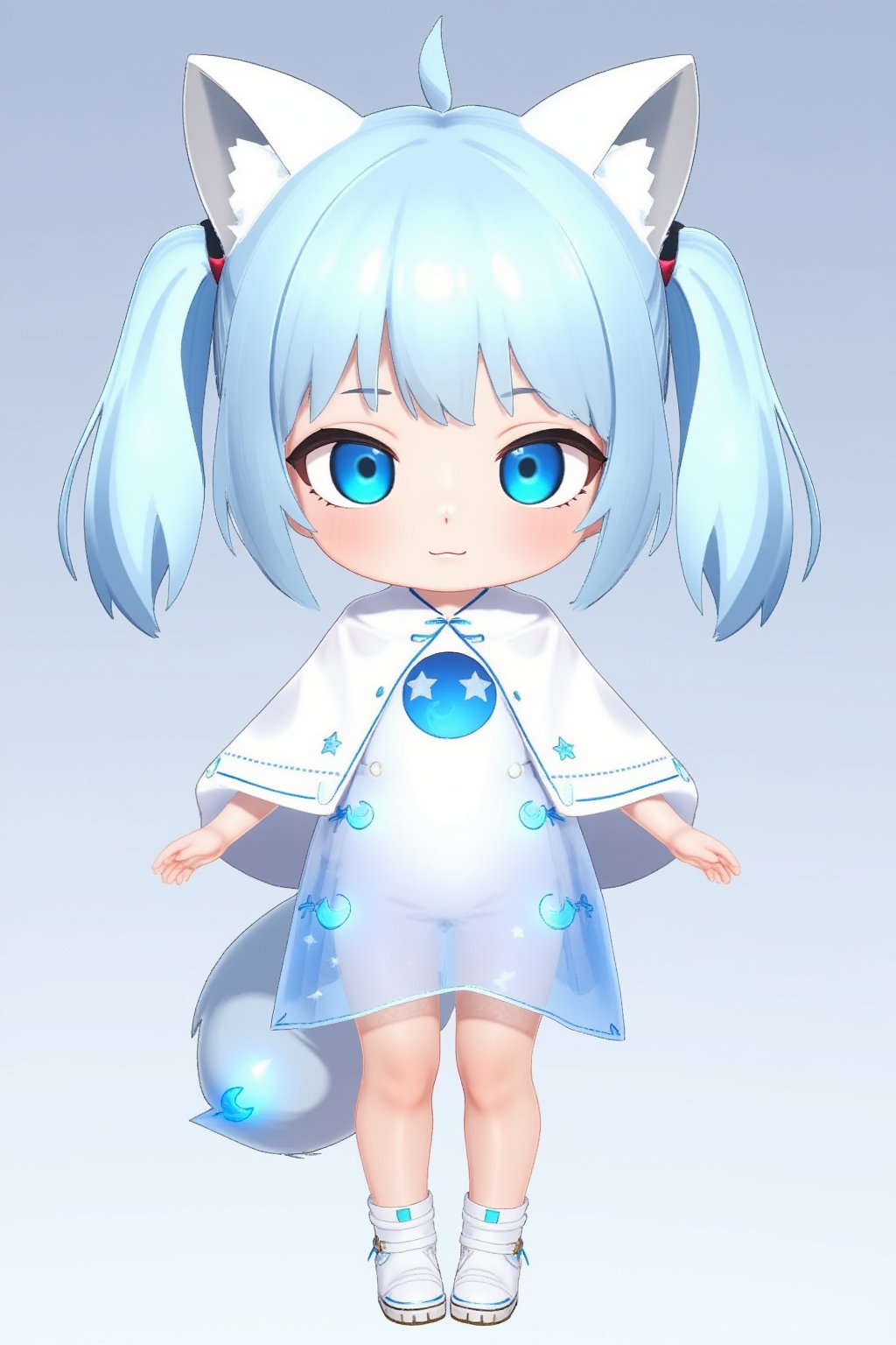 chibi girl, front view, Anthropomorphized fox Girl: Pure blue hair tied into high twin ponytails, with a blue sheen at the ends Blue eyes, like stars shining in the night sky White clothing featuring a blue glowing moon pattern on the chest A translucent fiber optic skirt with blue LED lights, mimicking the starry sky Light and semi-transparent white shawl embroidered with blue crescent moons and stars Two pairs of white fox ears and a long fox tail, with a blue LED light at the tip of the tail Boots adorned with blue fiber optics, giving a futuristic feel White fingertip touchscreen gloves.full body,chibi, sanrio style, 3D colour