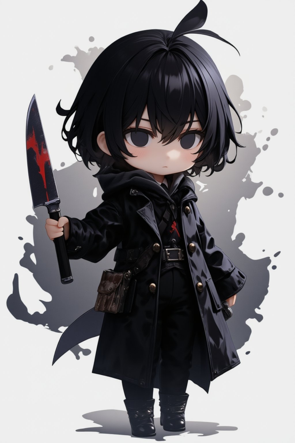 short black hair with black eyes wearing a black coat while wielding a machete in hand, age around 22 years old,lyh_nendo,chibi