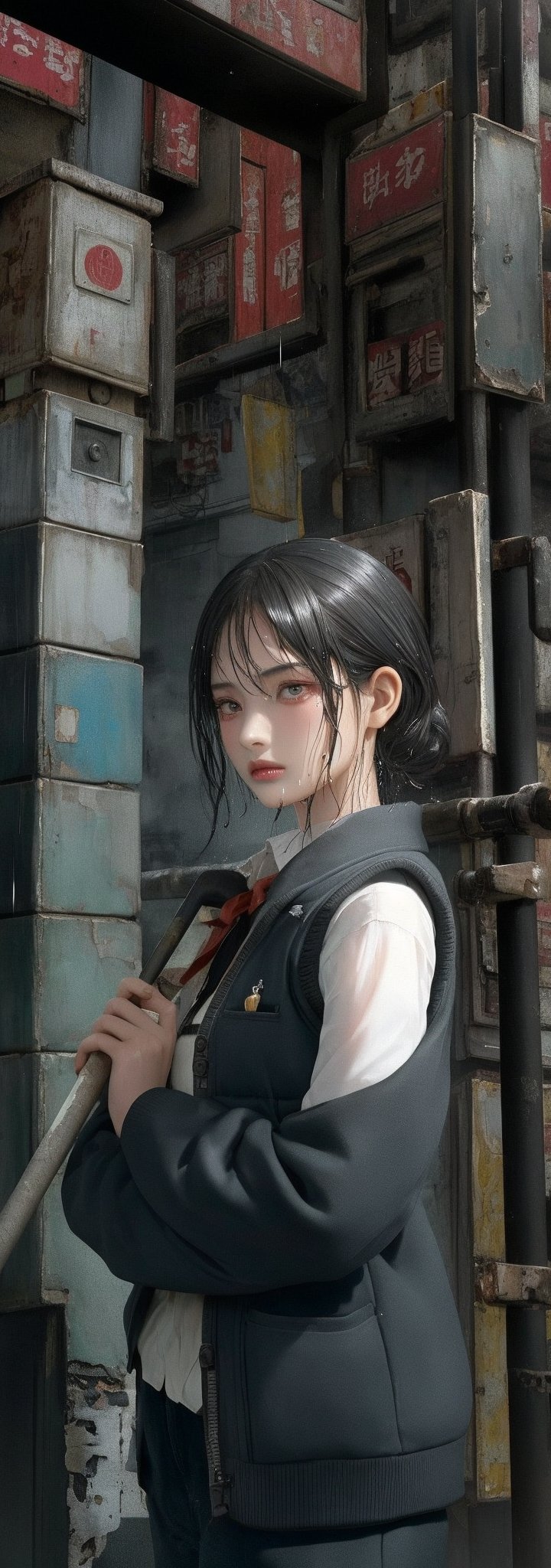 （Kowloon Walled City）,(((extremely detailed))),((masterpiece)), (((best quality))), ((ultra-detailed)), ((illustration)),flowing ,Telegraph Pole ,solo,1girl,bnematic lighting,vest,（Delicate face）(rain),(girl hold an umbrella),grey sky,lonely,（city）,beautiful detailed eyes, detailed wet clothes, blank stare ,dynamic angle,umbrella,expressionless, wet,alley,swirl
