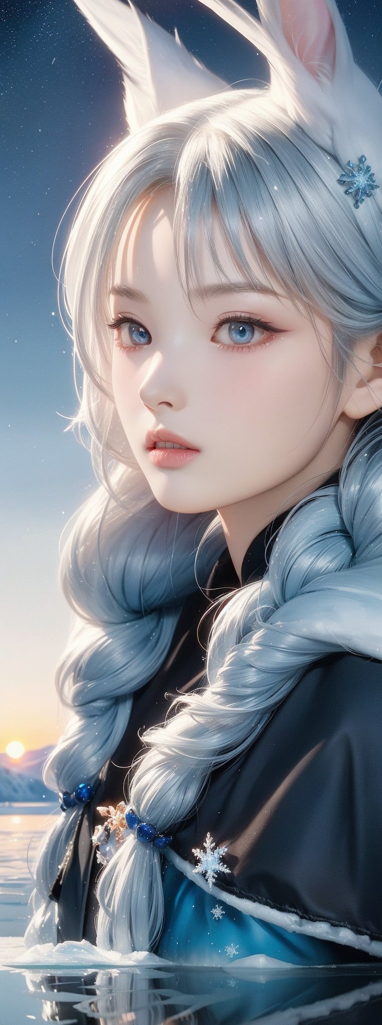 original, (masterpiece), (illustration:1.1), (detailed and beautiful), (perfect details), (unity CG 8K wallpaper:1.05), (beautiful and clear background:1.25), (depth of field:0.75), (1 (cute young girl:0.9) with long silver hair, ((snowflake:0.4) head ornament on hair:1.1) and (rabbit ears:1.1) stands aside the (frozen lake with (forest and mountain:1.1):1.35) under the (sunset:1.2) in the (winter:0.65):1.1). (detailed beautiful eyes:1.2), (beautiful face:1.2), (hair blowing with the wind:1.05), (blue eye:1.1), solo, (snow:0.4), aurora, stars.
