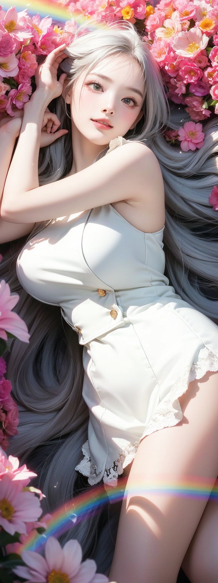 1girl, portrait, white lace dress, silver hair, long hair, windy, floating hair,lying on flower fiels, smile, sharp focus,
(rainbow color flower field:1.1), from above, 
,cinematic angle,
,(masterpiece:1.2),(best quality:1.2),(very aesthetic:1.2),(absurdres:1.2),ai-generated,newest,intricate, ,delicate colors, illustration, bright colors, beautiful,vibrant colors, masterpiece, sharp focus, best quality, depth of field, cinematic lighting,  