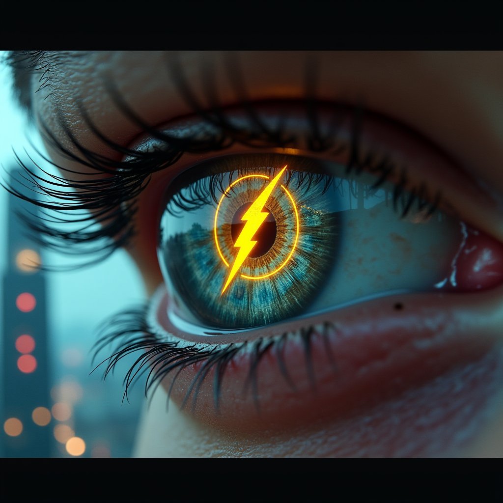 Create an image where the viewer is looking into a human eye. (man) In the eye's reflection, depict a futuristic and war-torn world, a neon glowing faded yellow zeus thunderbolt sign, The landscape should be overrun with advanced AI technology, tall buildings covered in digital advertisements and holograms, glowing cybernetic iris