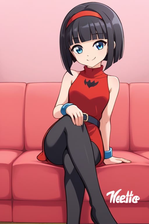 videl, 1girl, solo, black hair, blue eyes, cowboy shot,, sitting, indoors,short hair,black leggings,pink wall,smile,red sleeveless dress, devil logo, blue bracelet, black belt,red hairband,turtleneck,blunt bangs,short dress,on couch,(crossed legs,hands on own knees), (best quality, masterpiece) ,