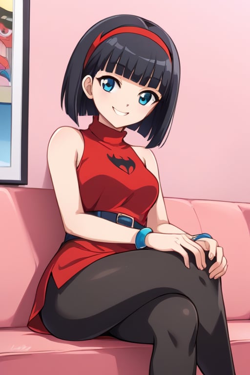 videl, 1girl, solo, black hair, blue eyes, cowboy shot,, sitting, indoors,short hair,black leggings,pink wall,smile,red sleeveless dress, devil logo, blue bracelet, black belt,red hairband,turtleneck,blunt bangs,short dress,on couch,(crossed legs,hands on own knees), (best quality, masterpiece) ,