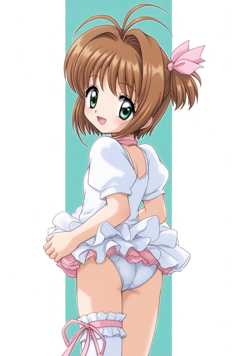 kinomoto sakura, antenna hair, brown hair, short hair, green eyes,