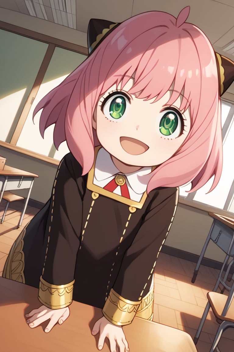 score_9, score_8_up, score_7_up, source_anime,anyaforger, ,anya forger, anya forger, bangs, green eyes, pink hair, ahoge, hair ornament, hairpods, child, female child, smile,long sleeves, dress, school uniform, socks, black dress, eden academy school uniform,indoors, classroom, bent over, open mouth,looking at viewer, cowboy shot, dutch angle, 