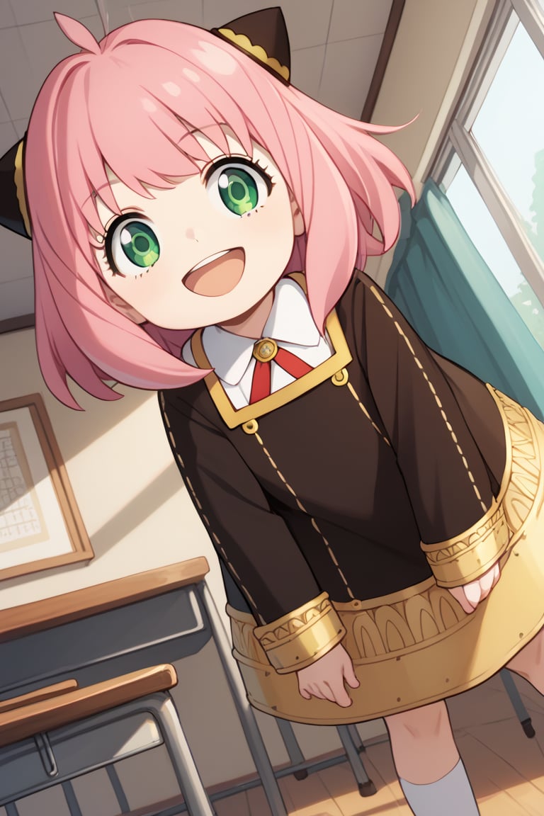 score_9, score_8_up, score_7_up, source_anime,anyaforger, ,anya forger, anya forger, bangs, green eyes, pink hair, ahoge, hair ornament, hairpods, child, female child, smile,long sleeves, dress, school uniform, socks, black dress, eden academy school uniform,indoors, classroom, bent over, open mouth,looking at viewer, cowboy shot, dutch angle, 