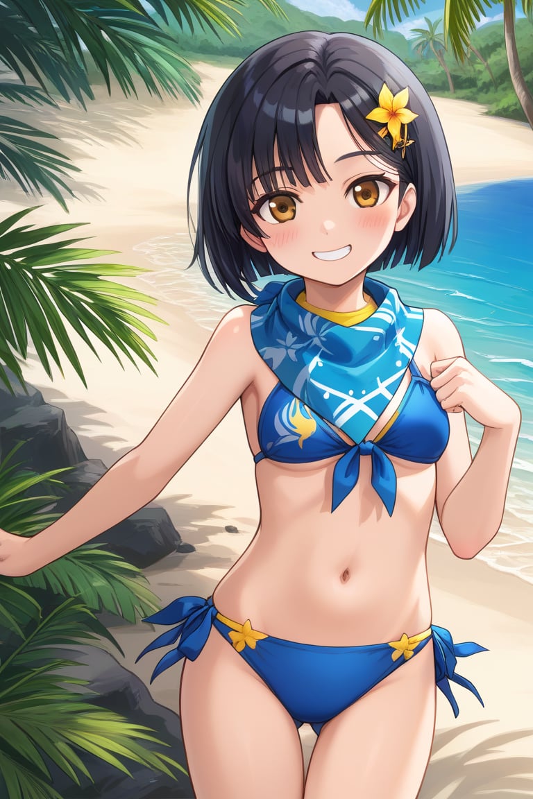 ((masterpiece,best quality)), absurdres, BREAK, , , zzPan, black hair, short hair, bandana, , BREAK, bikini, tropical beach, blush,, BREAK, solo, smile, looking at viewer, cowboy shot,