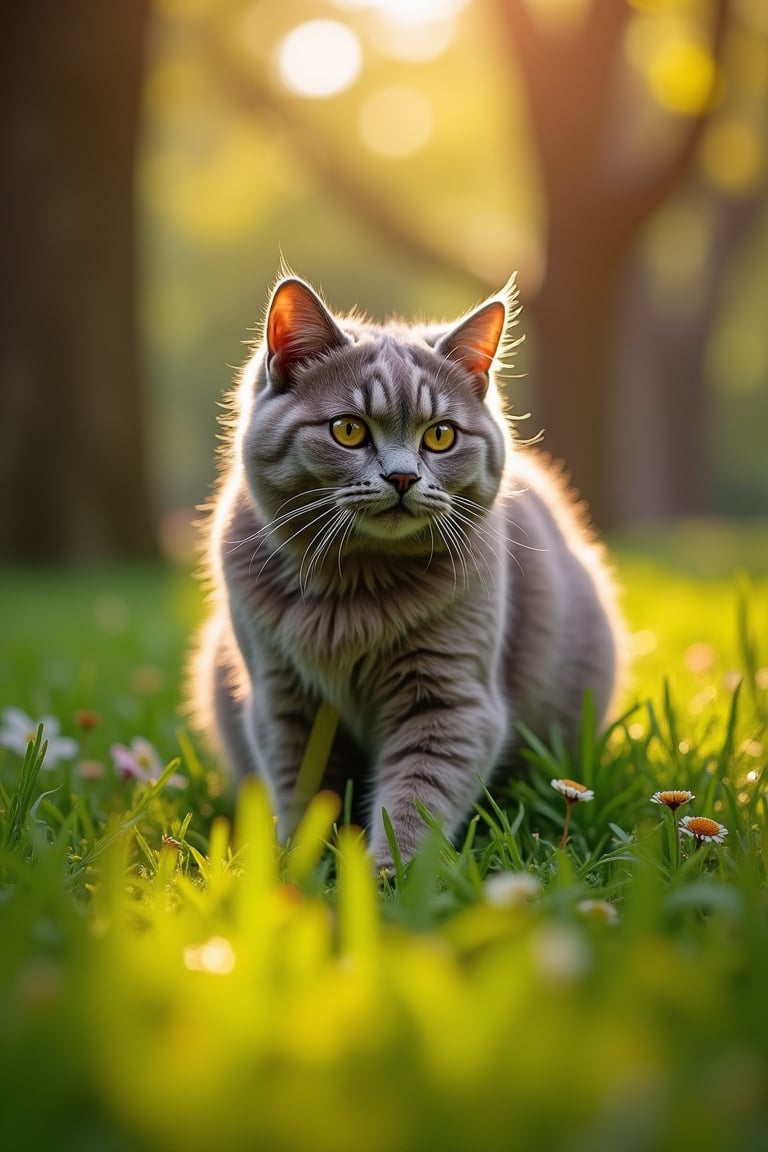 Capture the serene majesty of a British Shorthair cat, fur aglow in warm sunlight, blending seamlessly into the lush green grass of a picturesque park. Whiskers twitching, eyes fixed on a foraging pigeon, paws poised and ready to pounce. Framed by vibrant flora, dappled shadows create an intimate atmosphere, as the cat's intense focus is juxtaposed against the idyllic backdrop.