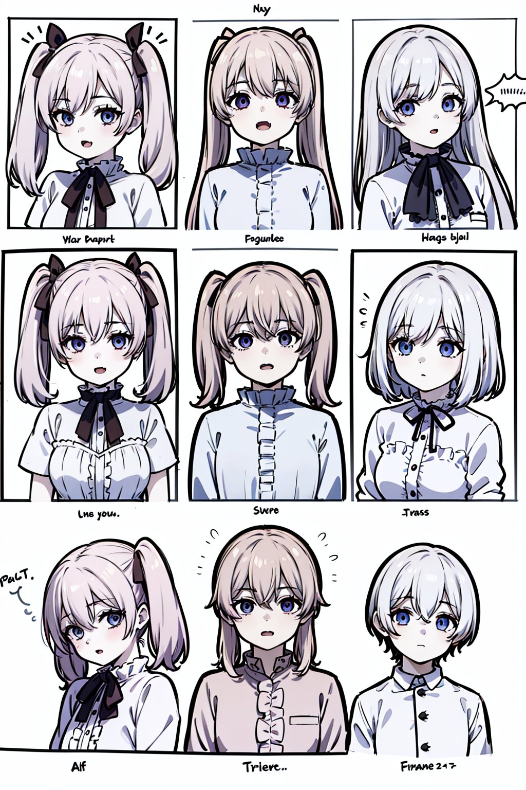 character; Girl, kid, pigtail, ruffle pajamas, vampire eyes, fangs. concepts; line anime, manga style