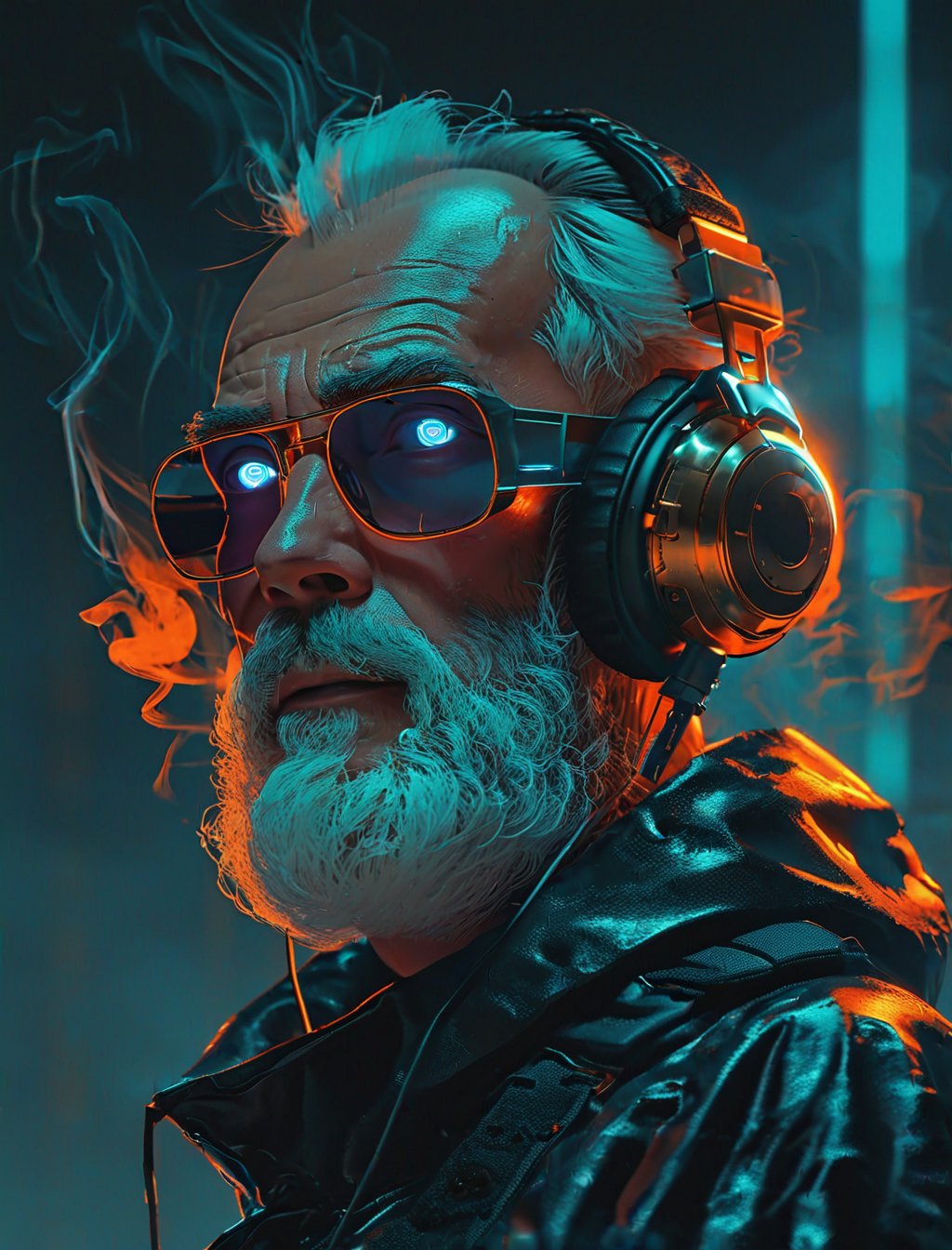 Vaporwave, 2d anime art illustratuon, moxin, ink splatters and bold brush lines, dark silhouette of a bearded elderly man cyborg with headphones in a pitch black void, looking at the viewer, orange rim lighting gradually changing into red room lighting, eyes glowing with cold blue light, rising smoke, fever dream, chrome skin, volumetric lighting, subsurface scattering, godrays, frosted particles