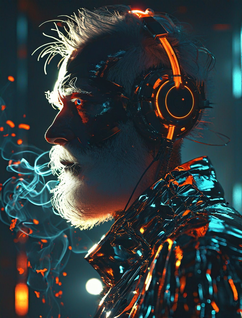 Vaporwave, 2d anime art illustratuon, moxin, ink splatters and bold brush lines, dark silhouette of a bearded elderly cyborg with headphones in a pitch black void, looking at the viewer, orange rim lighting gradually changing into red room lighting, eyes glowing with cold blue light, rising smoke, fever dream, chrome skin, volumetric lighting, subsurface scattering, godrays, frosted particles