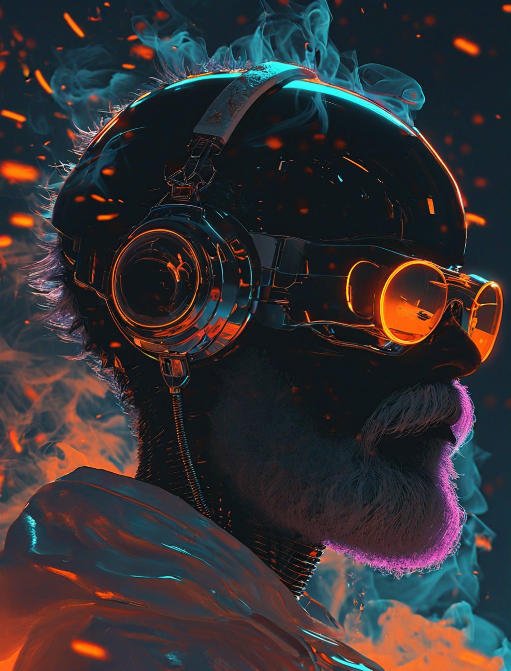 Vaporwave, 2d anime art illustratuon, moxin, ink splatters and bold brush lines, dark silhouette of a bearded alien cyborg with headphones in a pitch black void, looking at the viewer, orange rim lighting gradually changing into red room lighting, eyes glowing with cold blue light, rising smoke, fever dream, chrome skin, volumetric lighting, subsurface scattering, godrays, frosted particles