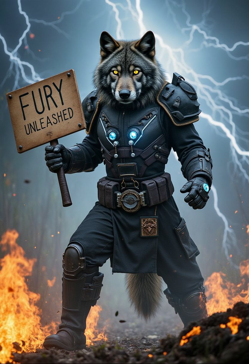 A fierce, anthro wolf with glowing yellow eyes, depicted in a realistic furry style, stands in a dramatic battle stance. The wolf is clad in futuristic, high-tech armor with glowing accents. In one hand, it wields a plasma sword, and in the other, it holds a sign that reads 'FURY UNLEASHED!' The background features a stormy, lightning-filled sky and digital explosions, emphasizing the intense, chaotic energy of the scene