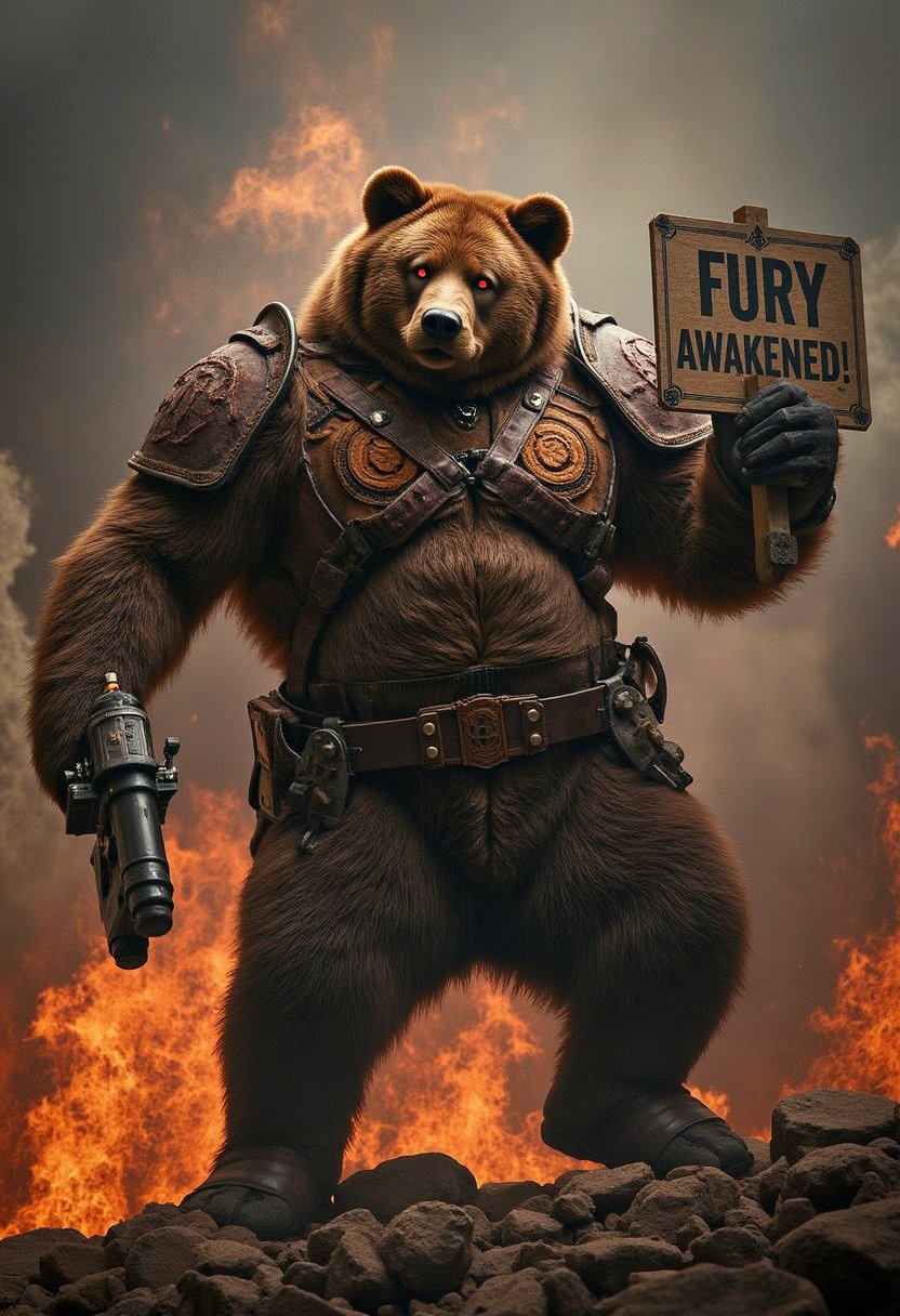 A muscular, anthro bear with fiery orange eyes, rendered in a realistic furry style, stands in a defiant pose. The bear wears rugged, battle-scarred armor and holds a sign that says 'FURY AWAKENED!' while clutching a heavy, futuristic weapon. The backdrop features a chaotic mix of dark, swirling clouds and fiery digital streams, highlighting the raw power and intensity of the scene